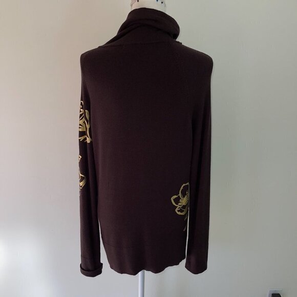Cache Jacket Large L Womens Vintage Floral Knit Zipper Front Brown Gold Metallic - Picture 11 of 14